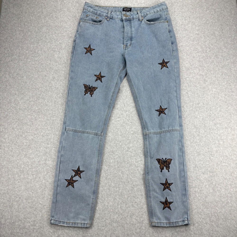 boohooMAN Jeans Mens 32 Light Blue Star Butterfly Patchwork Denim Y2K Streetwear